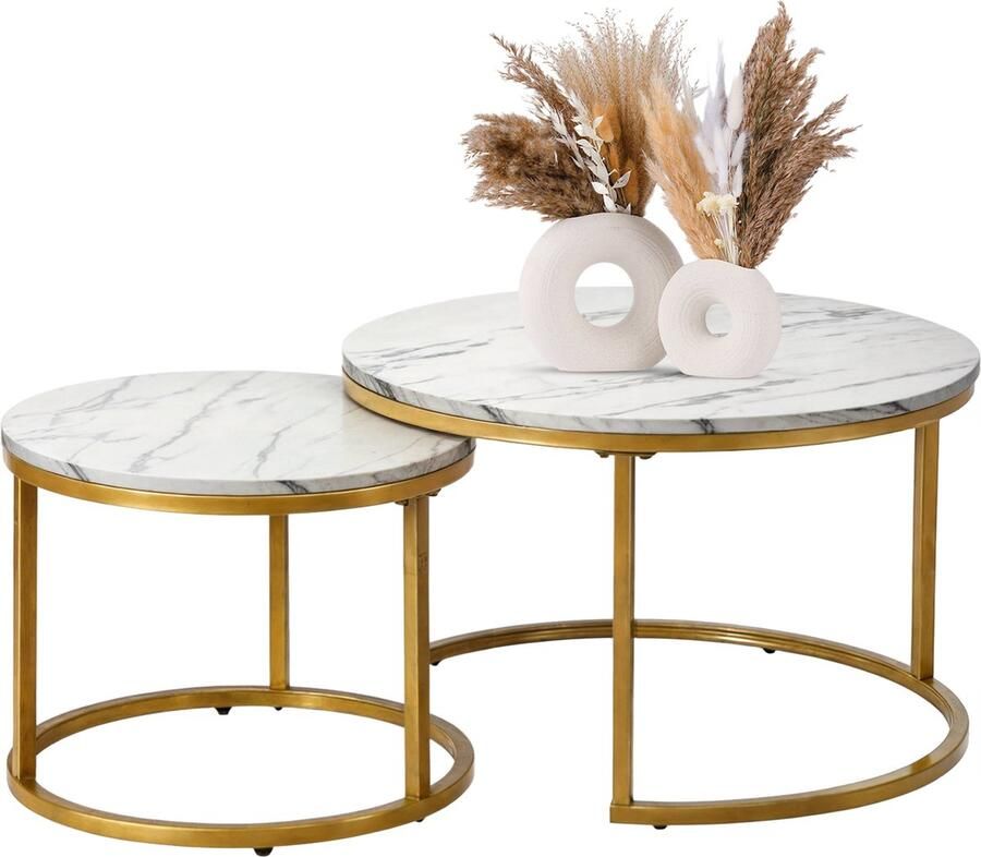 NEW2075 improve your wellness – Ronde Salontafel Marmer 2 Stuks – Bijzettafel Goud – Salontafels Rond Ø60 Ø40 – Koffietafel