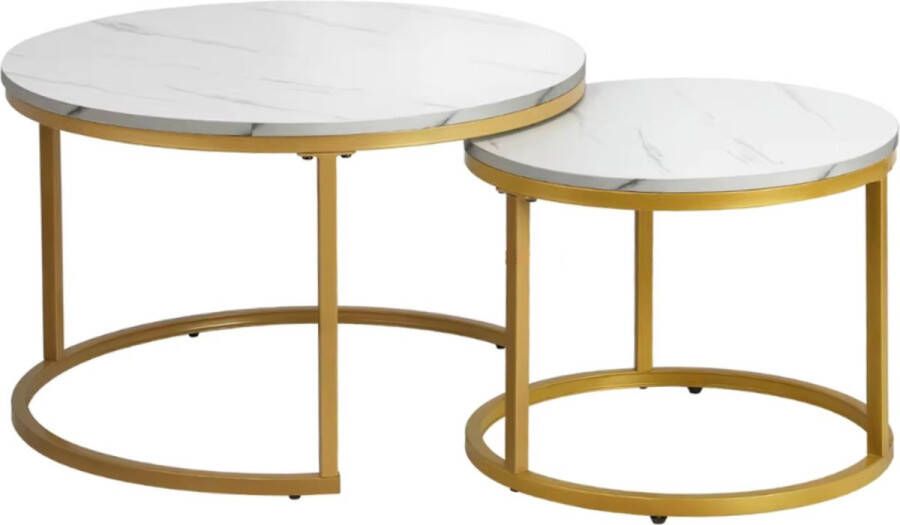 NEW2075 improve your wellness – Ronde Salontafel Marmer 2 Stuks – Bijzettafel Goud – Salontafels Rond Ø60 Ø40 – Koffietafel