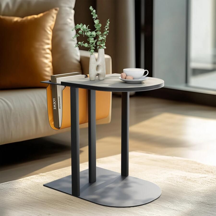NewWave Bijzettafel Luxe Moderne Kleine Accenttafel Met Oranje Magneethouder Tas Halve Maan Grijs