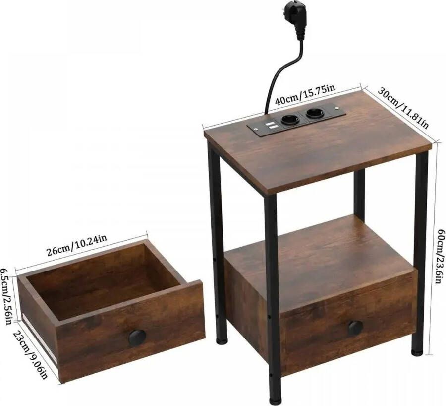 NewWave Houten Nachtkastje Met Stekkerdoos USB-Poort Kastanje Bruin Bijzettafeltje Kastje Lade Salontafel