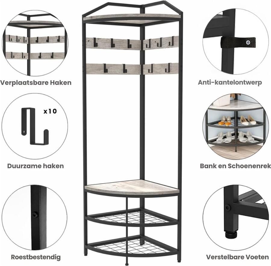 NewWave Kapstok Garderoberek Metalen Hoekgarderobe Met 12 Beweegbare Haken Vrijstaand Kledingrek Hal Rek