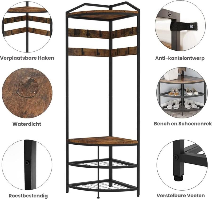 NewWave Kapstok Garderoberek Metalen Hoekgarderobe Met 12 Beweegbare Haken Vrijstaand Kledingrek Hal Rek