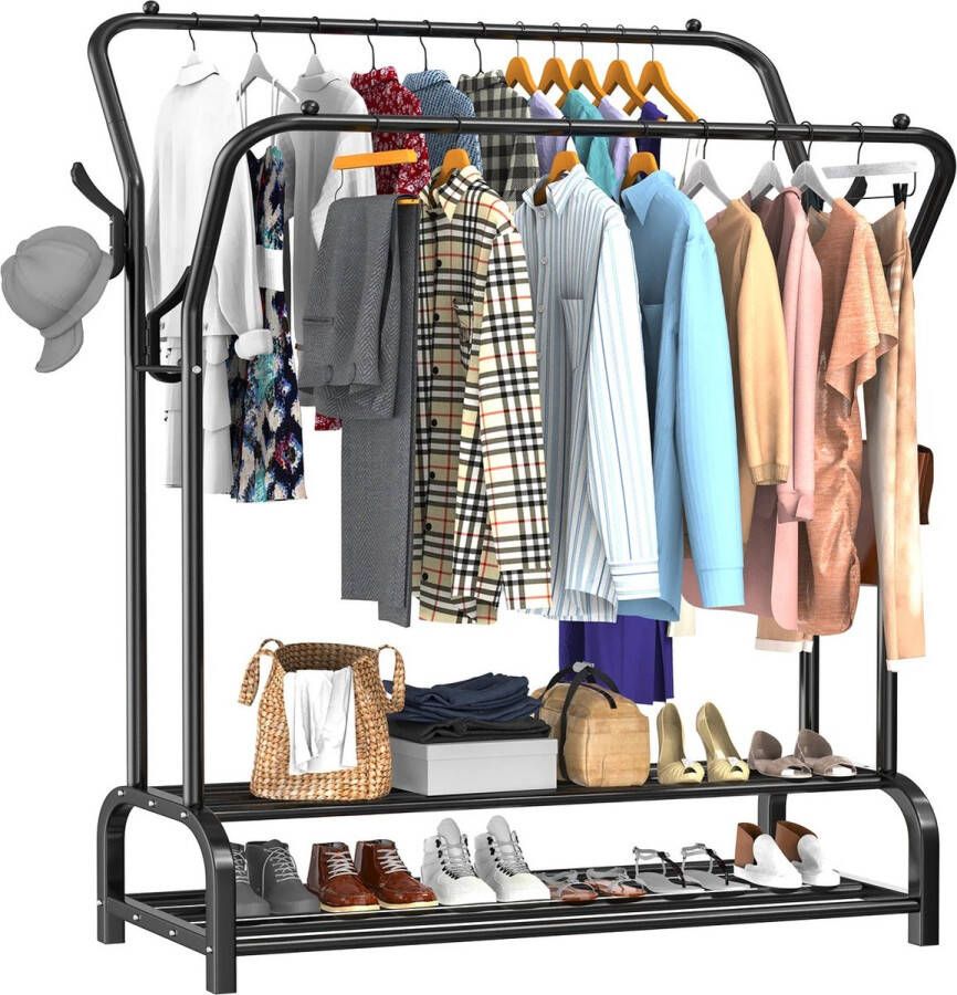 NewWave Kledingrek Zwart Staal Dubbele Stang Met Dubbele Schoenenplank 146cm Hoog Multifuntioneel