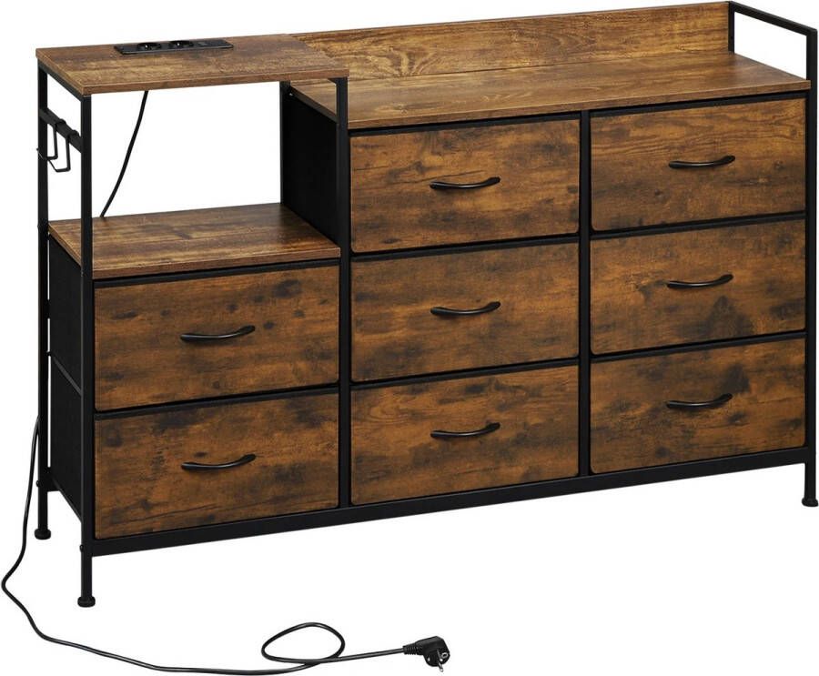 NewWave Opbergkast 8 Lades Met Ingebouwd Stekkerblok Vitrinekast TV Meubel Dressoir Kast Vintage Wood