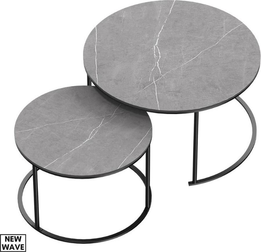 NewWave Salontafel Set Grijs Marmer Look Ronde Moderne Industriële Tafeltjes Bijzettafeltjes Set van 2 In Elkaar Te Schuiven