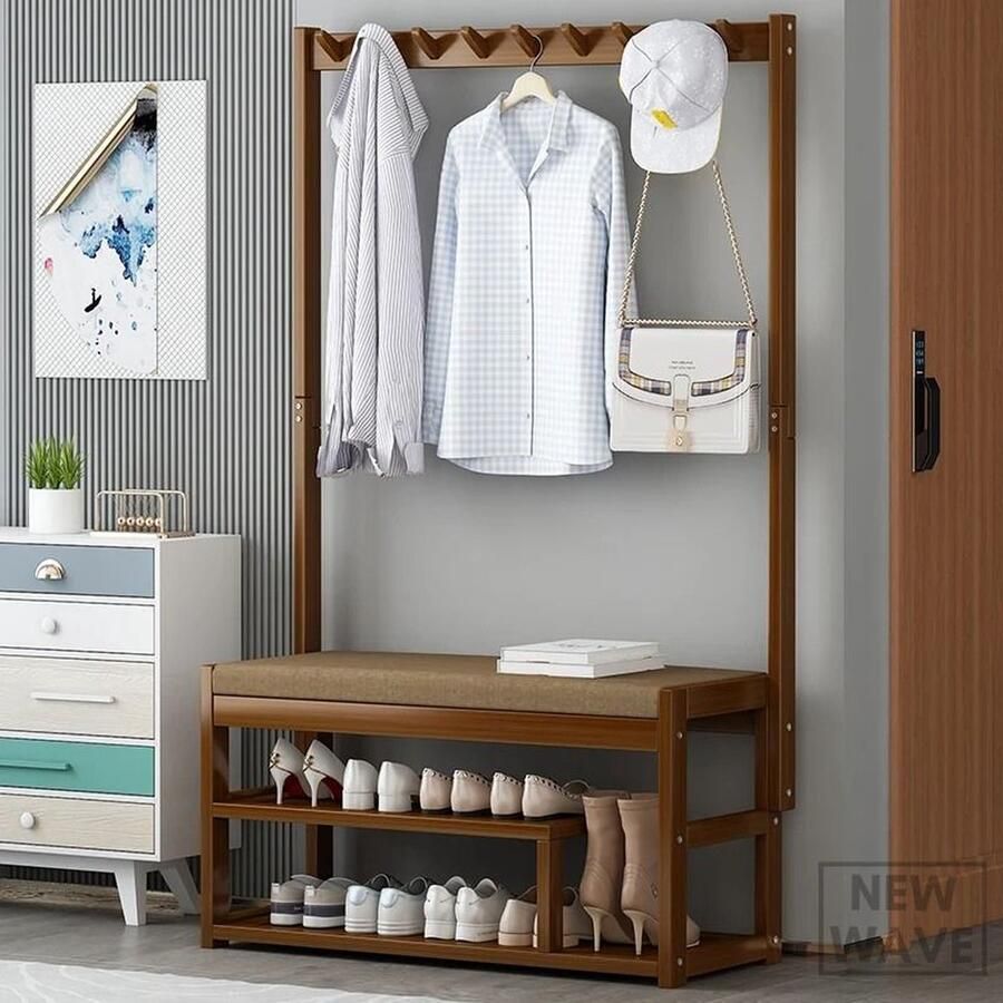 NewWave Schoenenkast & Kapstok in 1 29X100X168cm Bruin Hout Met Bankje Kleding Rek Schoenen Rek