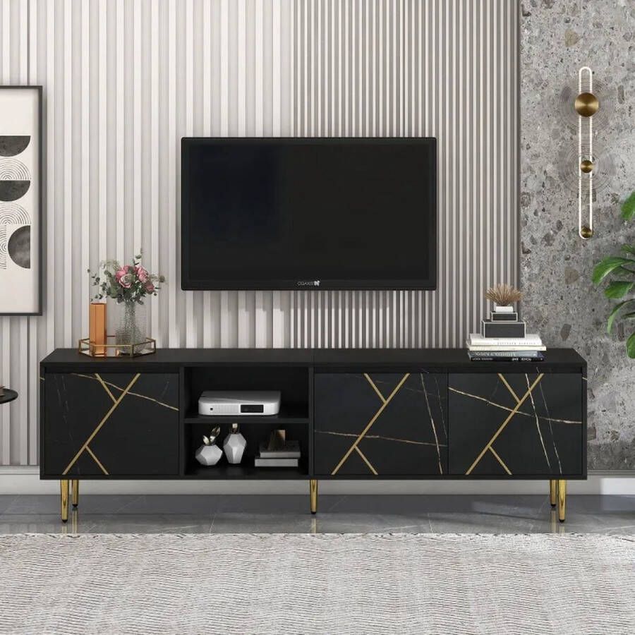 NewWave TV Meubel Zwart Goud 200x35x60cm Design Woonkamer Televisie Kast Dressoir Kast Goudkleurige Pootjes Zwart Goud Detail