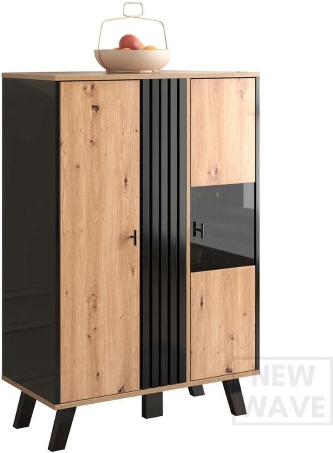 NewWave Vitrinekast Modern Veelzijdig Dressoir Buffetkast Garderobekast Glas & Hout Zwart Hout Look Design Kast Binnenverlichting Met LED 80*120*40cm
