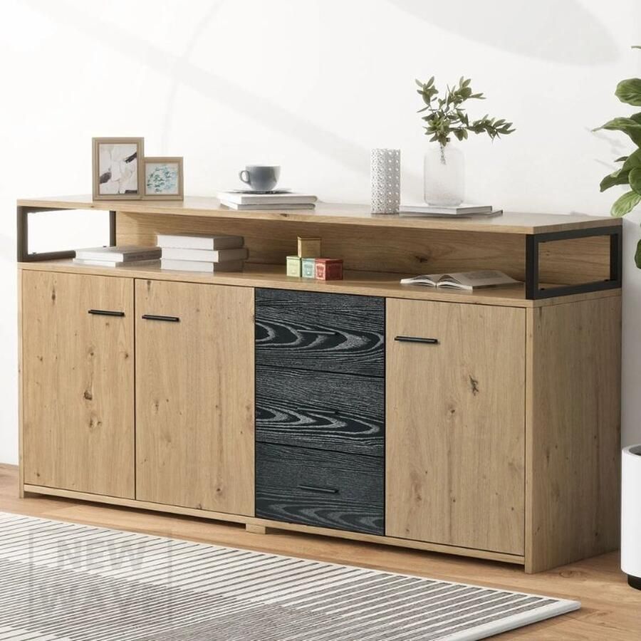 NewWave Vsoga Industrieel Dressoir Kast Met Drie Deuren En Drie Laden Keukengarderobe Multifunctionele Kledingkast 150X35X75.9Cm