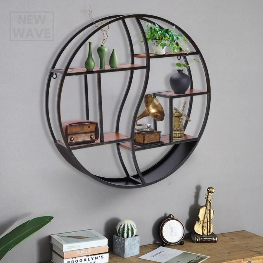 NewWave Wandrek Rond 80cm Wanddecoratie Planken Metalen Frame Home Decoratie Muur Monteerbaar Wijnrek
