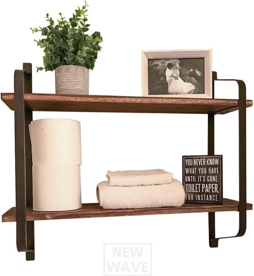 NewWave Wandrek Rustiek Industrieel Houten Planken Ijzeren Frame 60x15x52cm Muur Monteerbaar Voor Woonkamer Slaapkamer Badkamer