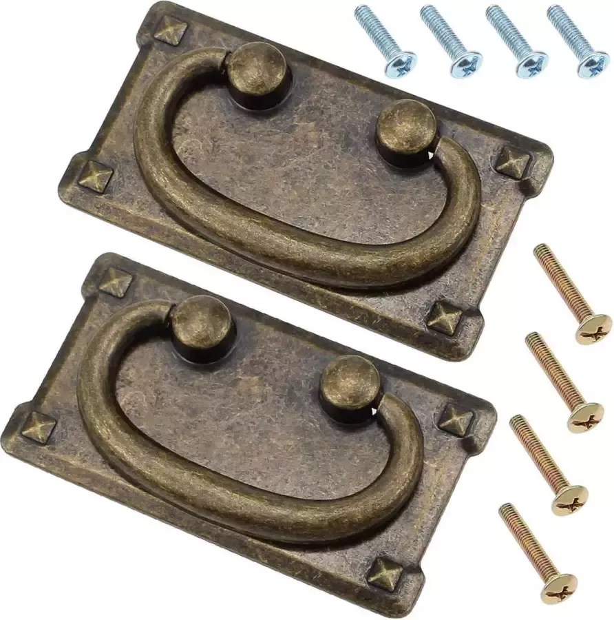 NewZC 2 stuks vintage lade pull handgrepen antieke bronzen lade handgrepen rechthoek drop ring pull handgrepen voor kast lade kast zinklegering (95x52mm)