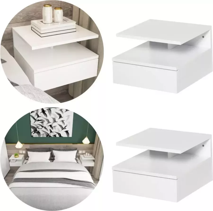 NiceGoodz Nachtkastjes set van 2 Nachtkastje zwevend Nachtkastje Nachtkast Met lade Wandmontage Wit