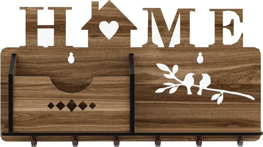 Ninova FurniChic Handgemaakte Houten Sleutelhouder met 6 Haken – Vidselbaar Wandrekje Organizer Sleutelplank Bruin