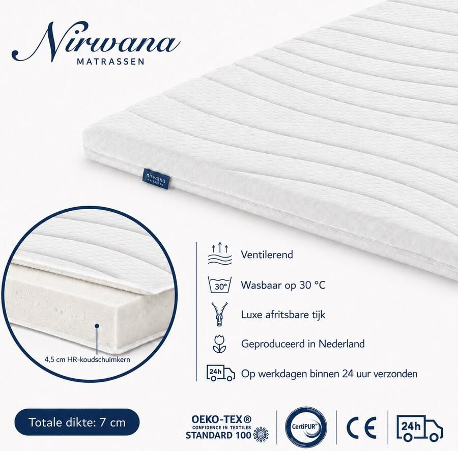 Nirwana Bedden Topper 80x200 Topmatras Topdekmatras- 7cm dik HR Koudschuim Afritsbaar en wasbaar CertiPUR Gecertificeerd Medium Hardheid Matrastopper - Foto 2
