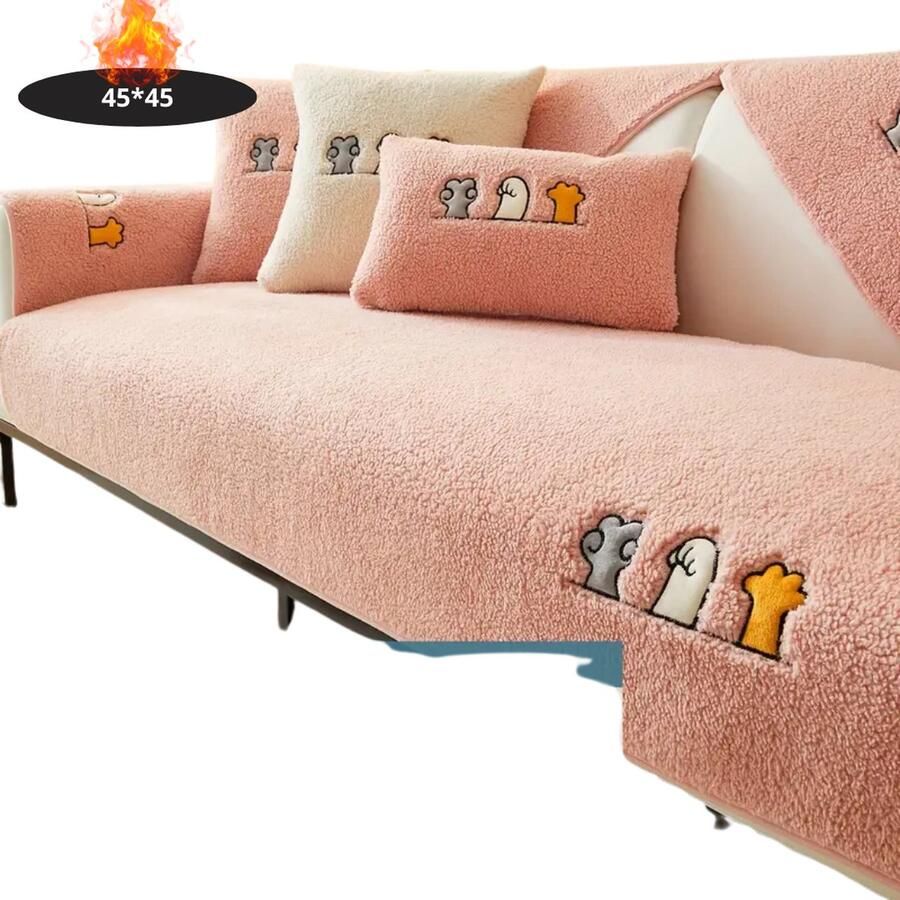 Nivard Bankhoes Bankbeschermer Stretch Sofa Cover Pluche Roze Kussensloop 45x45