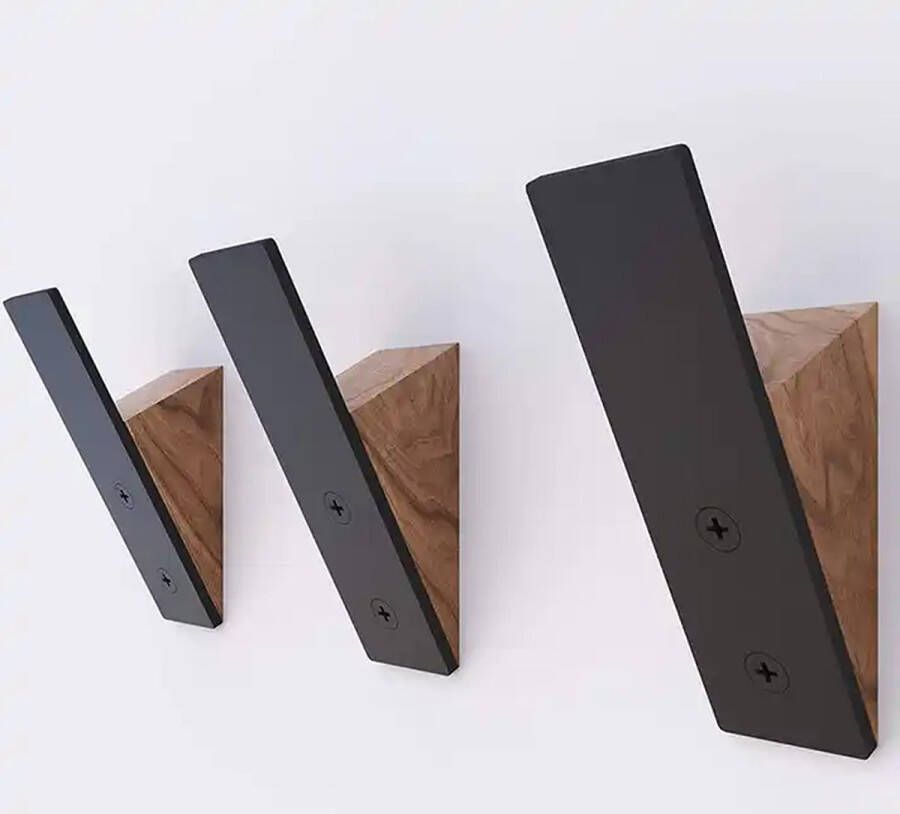 NiZa Homegoods Industriële Set van 3 Opberghaken Set van 3 Industrieel Wandkapstok Decoratieve Haakjes Walnoothout Metaal Zwart Jassen Ophangen Woonkamer Hal Slaapkamer