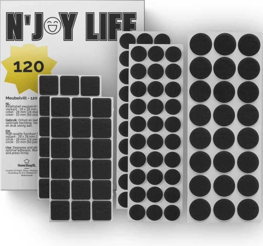N'JOY Life 120x Premium Viltjes Stoelpoten Zwart Zelfklevend Anti Kras Meubelvilt voor Meubels 120 stuks Rond en Vierkant Zelfklevende Stoelpoot Beschermers Meubelglijders Antikras Vilt voor Stoel Bank Tafel Elektrische Apparatuur - Foto 2
