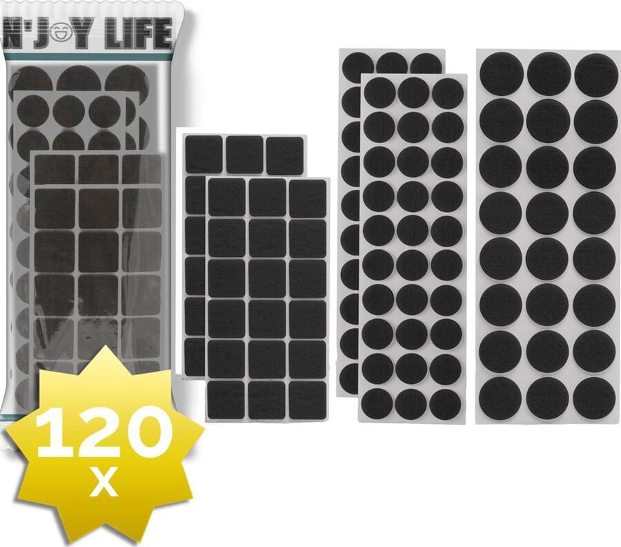 N'JOY Life 120x Premium Viltjes Stoelpoten Zwart Zelfklevend Anti Kras Meubelvilt voor Meubels 120 stuks Rond en Vierkant Zelfklevende Stoelpoot Beschermers Meubelglijders Antikras Vilt voor Stoel Bank Tafel Elektrische Apparatuur