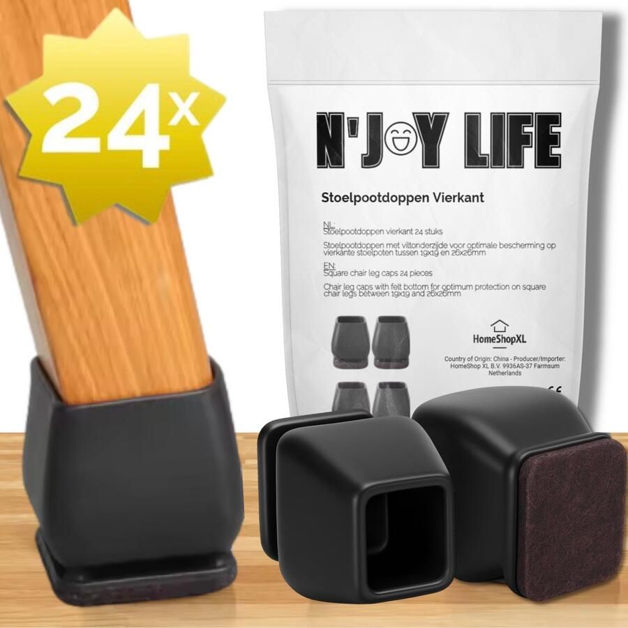 N'JOY Life 24x Premium Stoelpoot beschermers Flexibel Stoelpootdoppen 19x19 tot 26x26 mm voor Vierkante Stoelpoten Vierkant 19-26 mm Anti-Kras Vilt Vloerbescherming Vloer Bescherming Van 19x19 tot 26x26 mm BPK