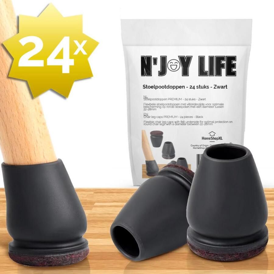 N'JOY Life 24x Premium Stoelpoot beschermers Flexibel Stoelpootdoppen 22-28 mm voor Ronde Stoelpoten Rond 22-28mm Anti-Kras Vilt Vloerbescherming Vloer Bescherming 22 23 24 25 26 27 28 mm BPK
