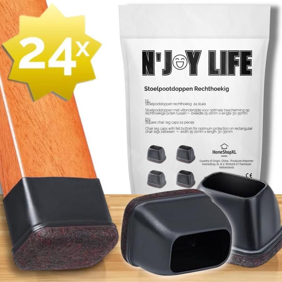 N'JOY Life 24x Premium Stoelpoot beschermers Flexibel Stoelpootdoppen 30x15 mm voor Rechthoekige Stoelpoten Rechthoek 15-30 mm Anti-Kras Vilt Vloerbescherming Vloer Bescherming Van 15-21 mm x lengte 30-35 mm BPK