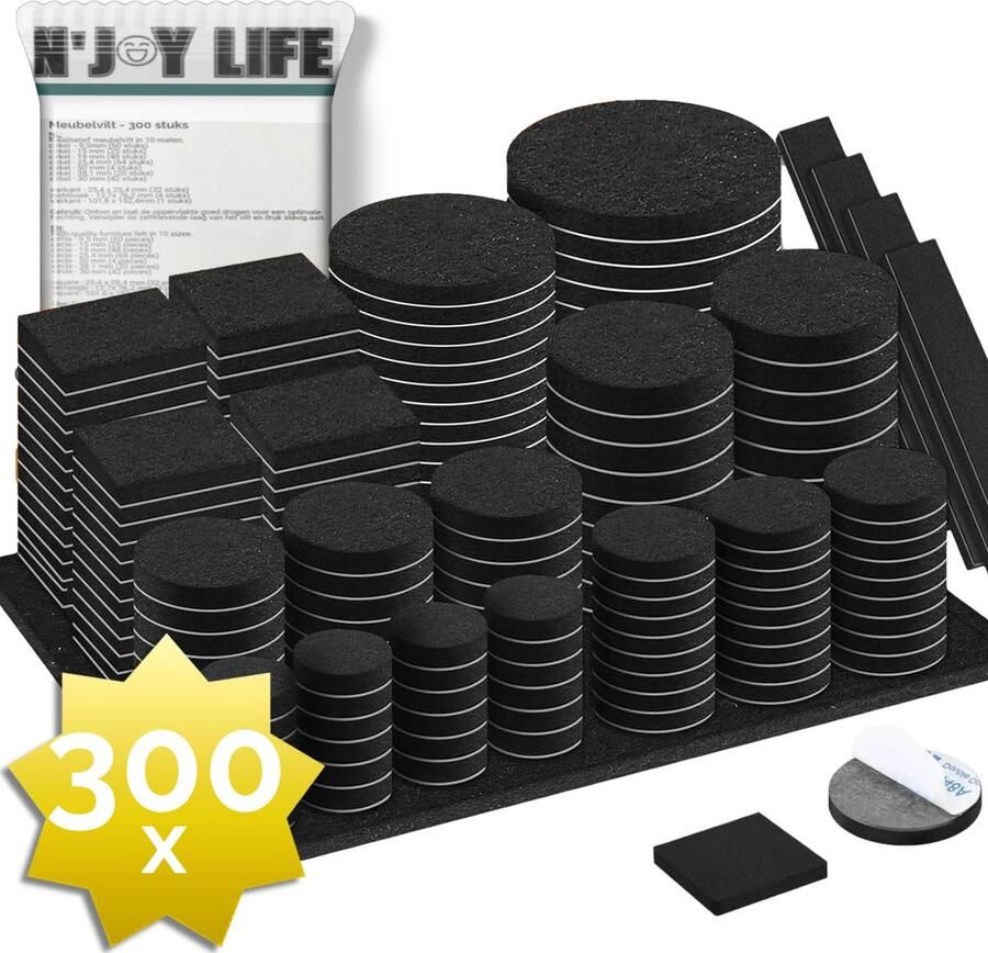 N'JOY Life 300x Premium Viltjes Stoelpoten Zwart Zelfklevend Anti Kras Meubelvilt voor Meubels 300 stuks Rond en Vierkant Zelfklevende Stoelpoot Beschermers Meubelglijders Antikras Vilt voor Stoel Bank Tafel Elektrische Apparatuur - Foto 2