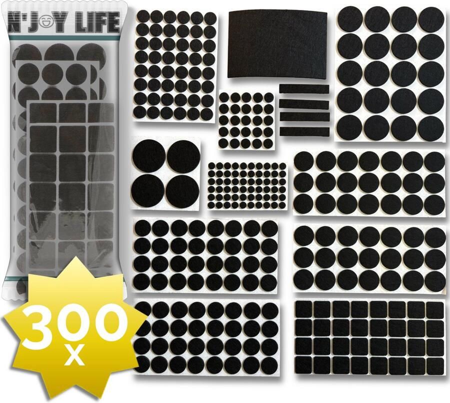 N'JOY Life 300x Premium Viltjes Stoelpoten Zwart Zelfklevend Anti Kras Meubelvilt voor Meubels 300 stuks Rond en Vierkant Zelfklevende Stoelpoot Beschermers Meubelglijders Antikras Vilt voor Stoel Bank Tafel Elektrische Apparatuur