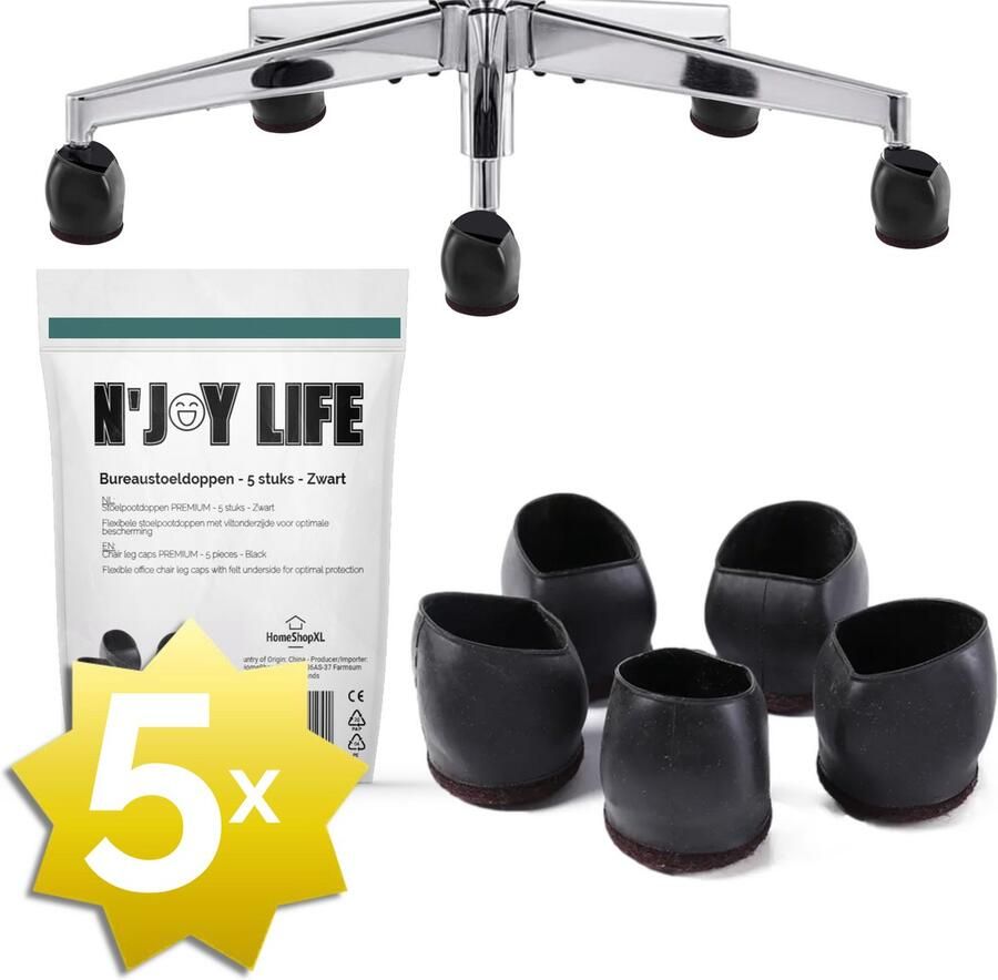 N'JOY Life 5x Premium Bureaustoel Stoelpoot Beschermers Flexibel Stoelpootdoppen Bureaustoel Wielen Anti-Kras Vilt Vloerbescherming