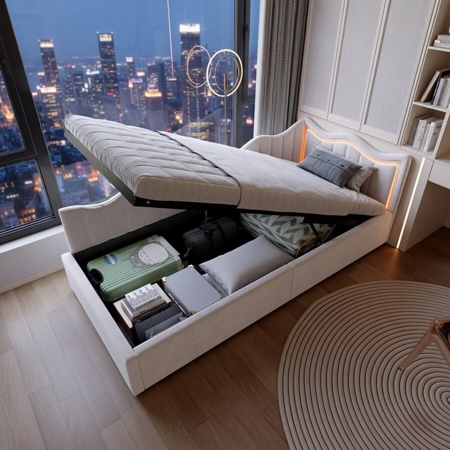 NMONET Eenpersoonsbedden 90x200 cm- Kinderbed Fluweel gestoffeerd golvend hoofdbord RGB lichtstrips hydraulisch liftsysteem Golfvormige vangrail metalen frame lattenbodem -Grote opslagruimte Eenvoudige stijl beige