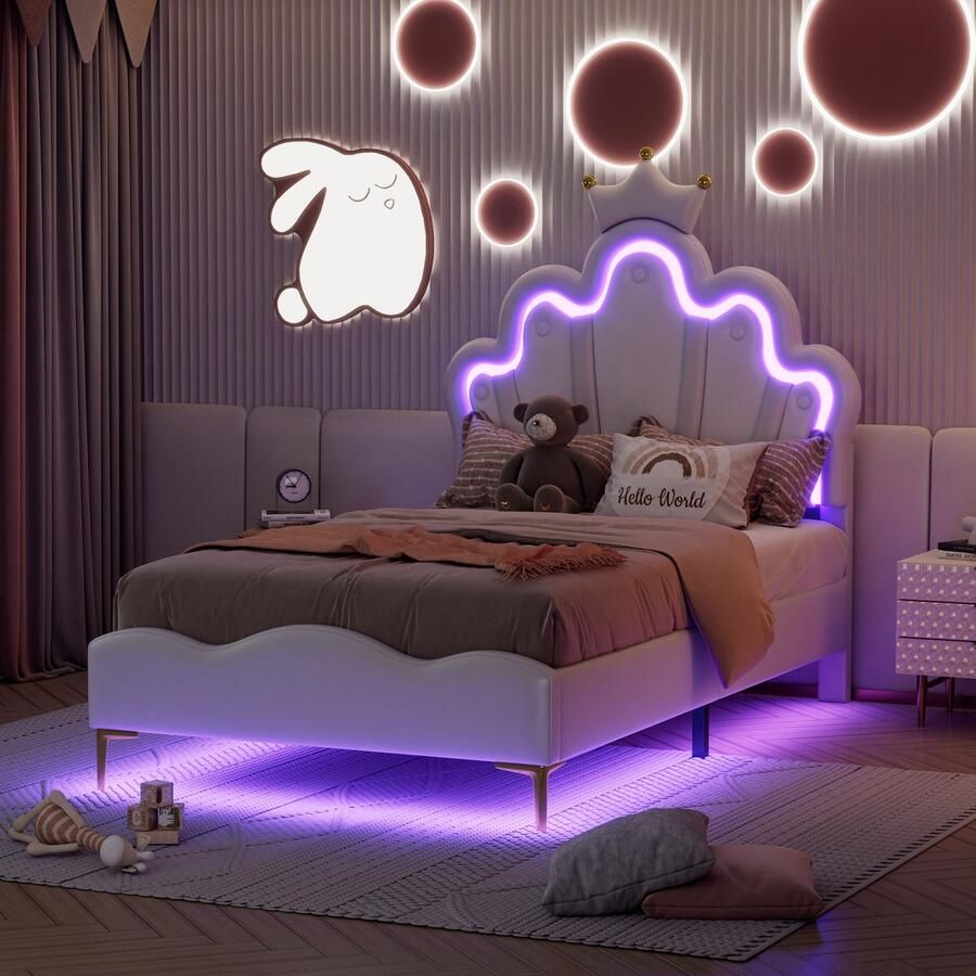 NMONET Eenpersoonsbedden 90x200 cm Kinderbed Gestoffeerd bed Fantasy LED-lichtstrip Wolk- en kroonvormig PU-gestoffeerd hoofdbord Metalen frame Lattenbodem Gouden bedpoten Hedendaagse stijl Wit