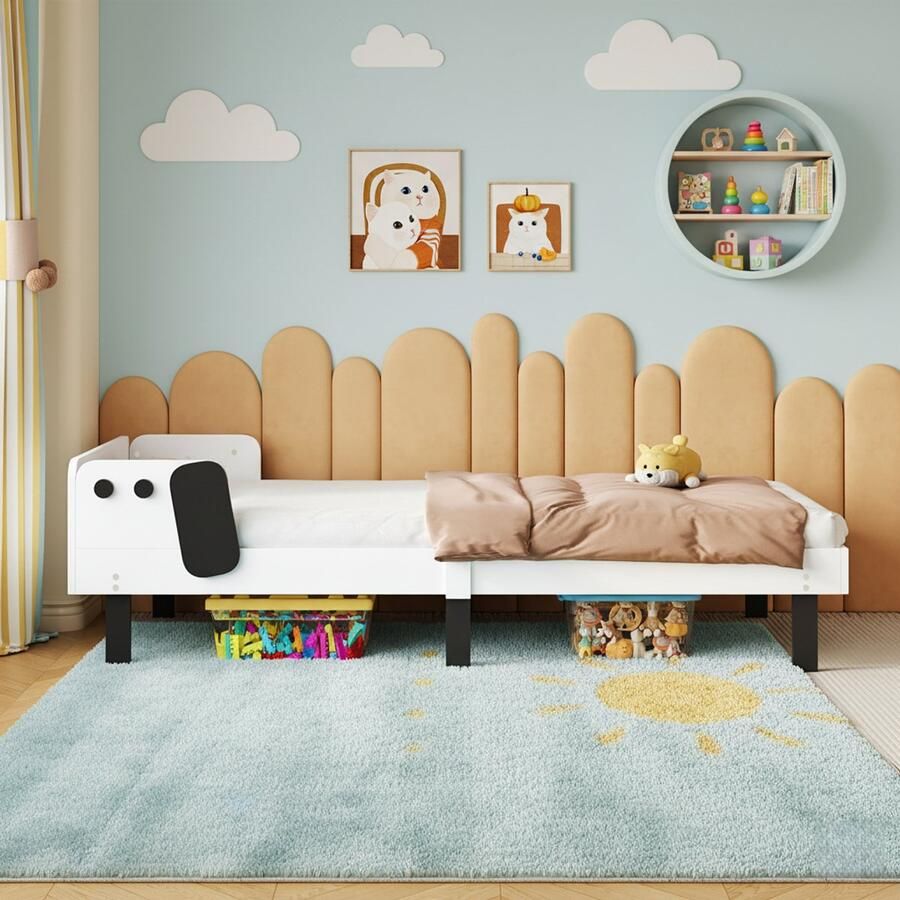 NMONET Eenpersoonsbedden 90x200 cm Kinderbed Houten Peuterbed Puppy elementpatroon afgeronde hoeken Hoge vangrail Lattenbodem Moderne Stijl Wit