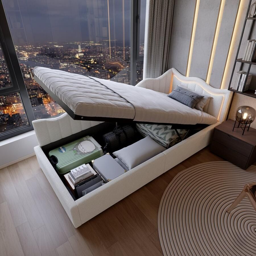 NMONET Eenpersoonsbedden 90x200 cm- Kinderbed Sherpa gestoffeerd hoofdbord RGB lichtstrips hydraulisch liftsysteem Golfvormige vangrail metalen frame lattenbodem -Grote opslagruimte Eenvoudige stijl Wit