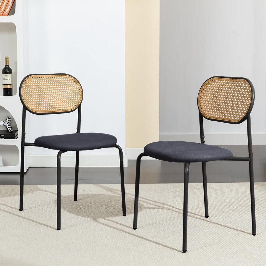 NMONET Eetkamerstoel Set van 2 Rotan loungestoel woonkamer Eetkamerstoelen handgeweven rotan rugleuning antislip metalen poten met kussen eigentijdse stijl Zwart