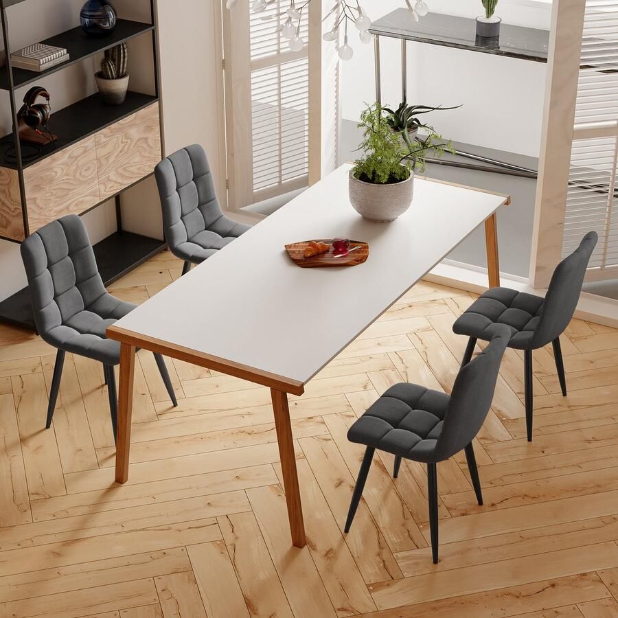 NMONET Eetkamerstoel Set van 4 Eetkamerstoelen Eettafelstoel Linen cushions Antislip metalen poten Rasterstructuurpatroon Moderne eetkamerstoelen woon en eetkamers Donkergrijs