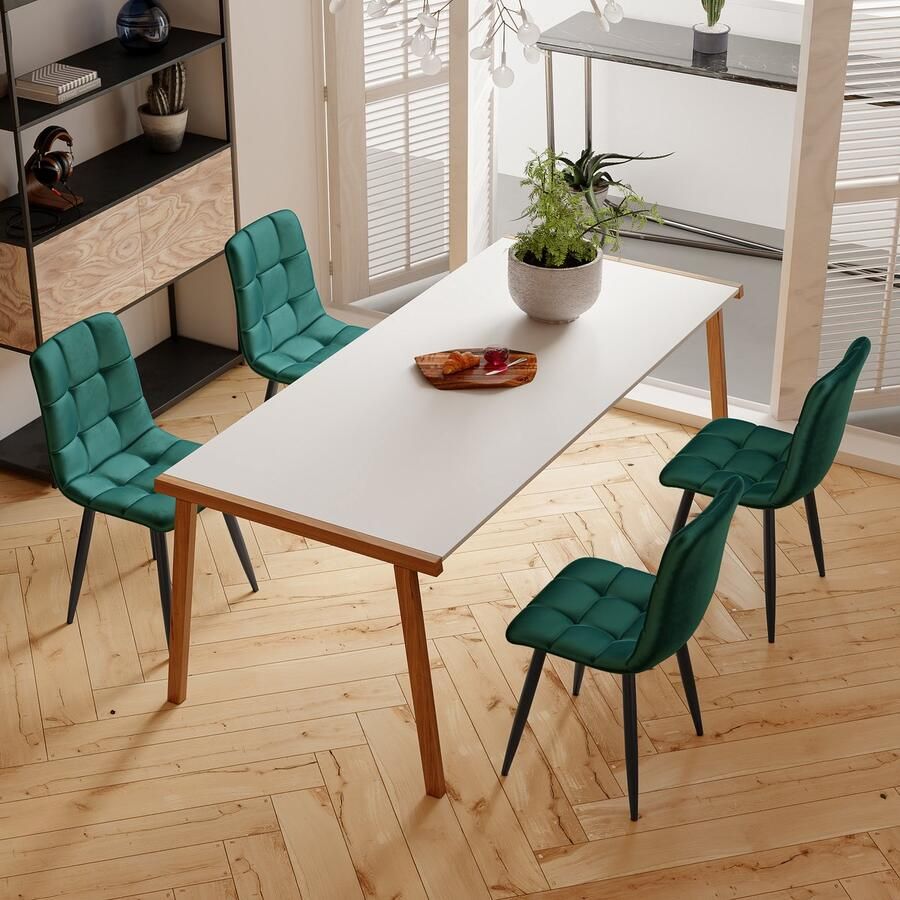NMONET Eetkamerstoel Set van 4 Eetkamerstoelen Eettafelstoel Velvet thick cushions Antislip metalen poten Rasterstructuurpatroon Moderne eetkamerstoelen woon en eetkamers Groen