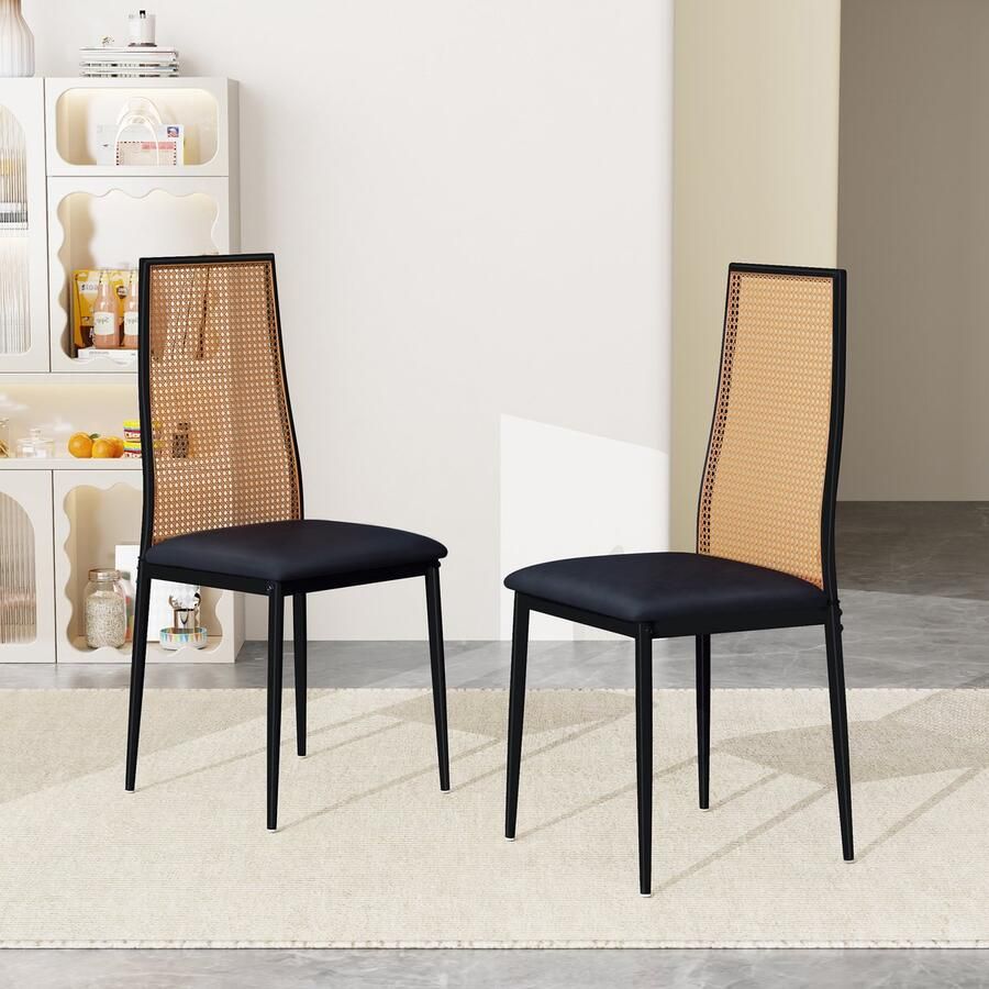 NMONET Eetkamerstoelen Set van 2 Met antislip metalen voetjes enzitkussen Handgevlochten rotan rugleuning Eetkamerstoel Rotan loungestoel woonkamer Eetkamerstoelen gestoffeerde stoelen Metalen vierpoot loungestoel Retrostijl Zwart