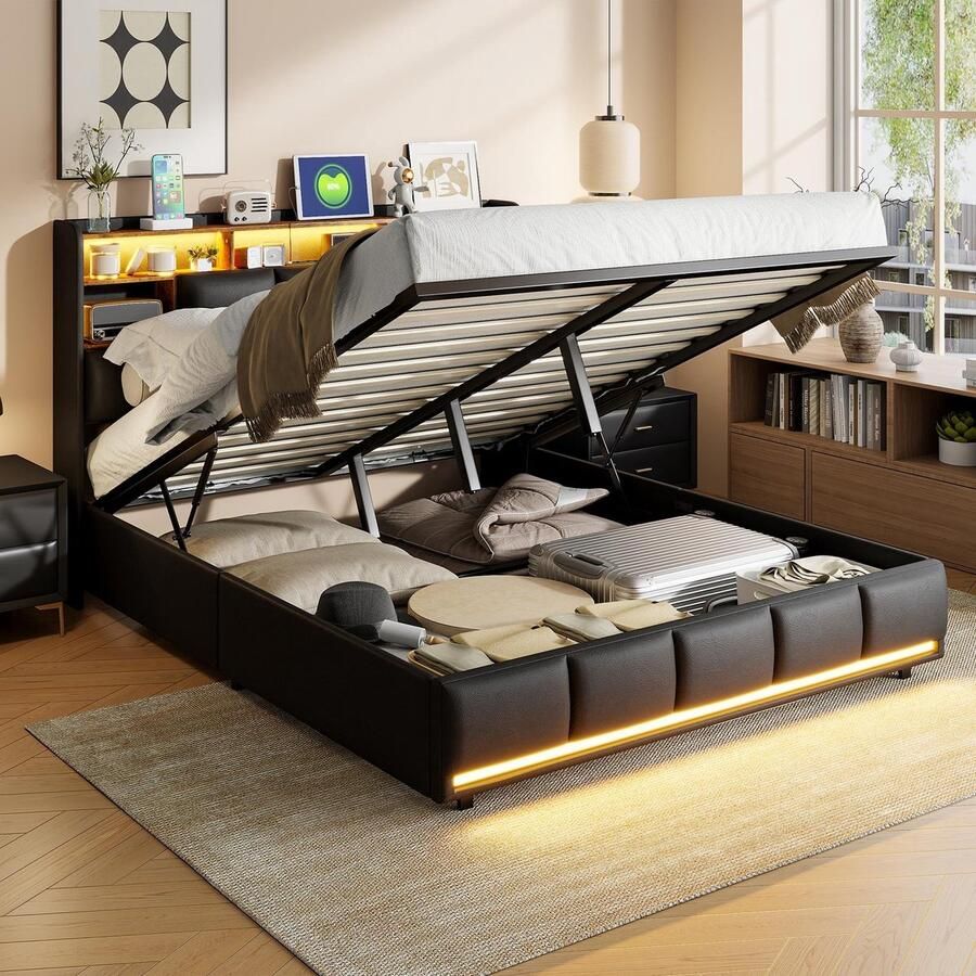 NMONET Gestoffeerd bed 140x200 cm tweepersoonsbed opbergvakken LED-verlichting massief houten lattenbodem dubbele USB-aansluitingen zwevend design PU-leer Zwart