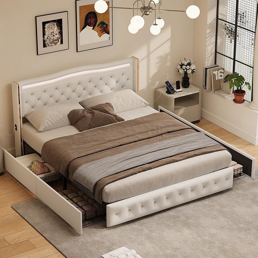 NMONET Gestoffeerd tweepersoonsbed 140x200 cm Jeugdbed Smart LED-verlichting Metalen frame met 4 lades Vergulde sierlijsten aan de zijkanten Oplaadfunctie Wit