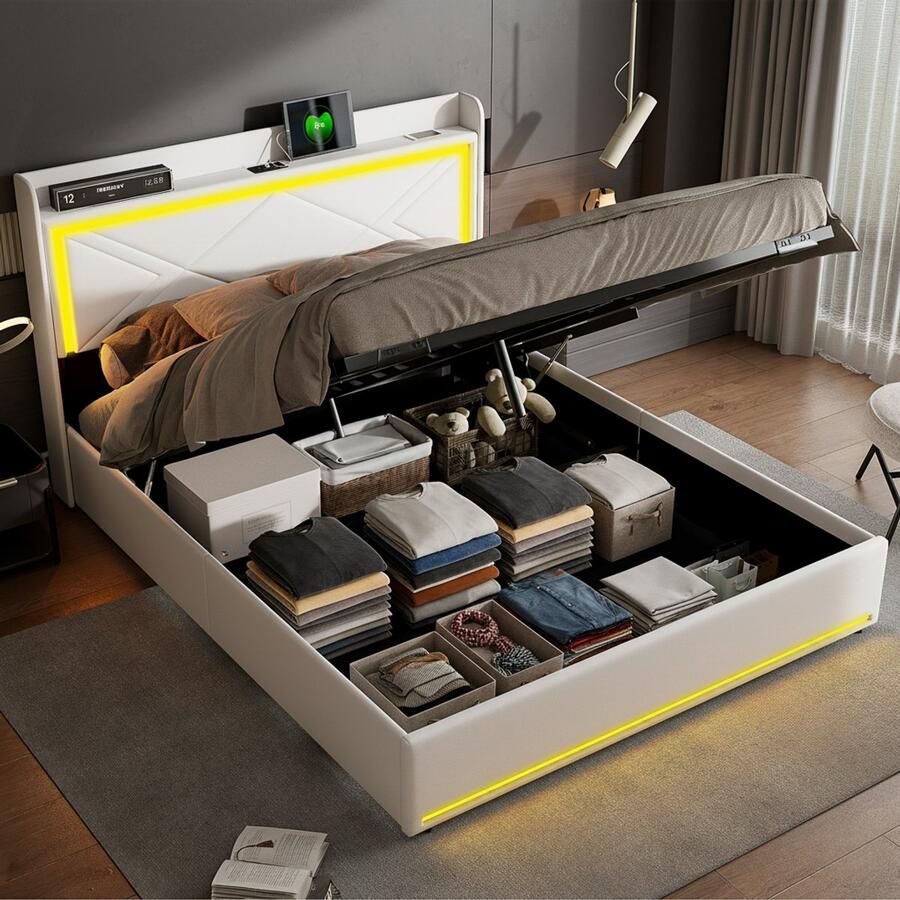 NMONET Gestoffeerd Tweepersoonsbedden 140x200 cm PU gestoffeerd hoofdeinde Open opbergruimte 3 standen smart LED lichtstrip hydraulische stang USB oplaadfunctie slaapkamerbed metalen frame volwassen bed wit