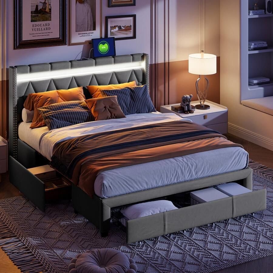 NMONET Gestoffeerd Tweepersoonsbedden diamantpatroon USB oplaadfunctie en slimme led-lichtstrip 4 lades Metalen frame met Kussen randen modern Slaapkamer Tienerbed opbergbed 140x200 cm grijs