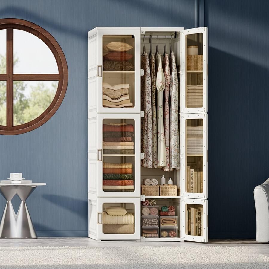 NMONET Kledingkasten Slaapkamerkast Geïntegreerde opklapbare bodem 8 opbergvakken 6 transparante deuren 1 kledingroede Magnetische deursluiting PP-kunststof voorkant 50x69x170 cm Grote opbergruimte Moderne stijl Wit