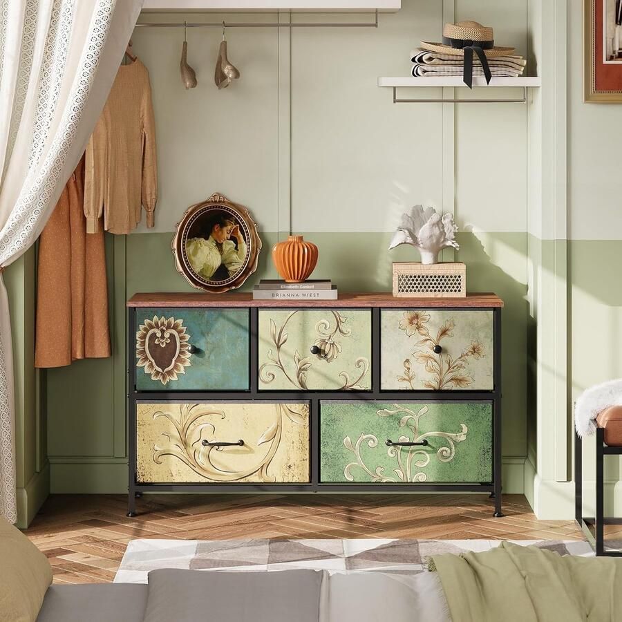 NMONET Ladekasten 5 deuren Opbergkast Metalen handgrepen Massief houten front Houtstructuur Antislipvoetjes 100x30x55 cm Grote opbergruimte Vintage stijl Multicolor