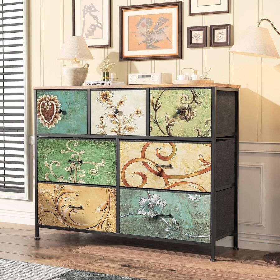 NMONET Ladekasten 7 deuren Opbergkast Metalen handgrepen Massief houten front Houtstructuur Antislipvoetjes 100x30x78 cm Grote opbergruimte Vintage stijl Multicolor