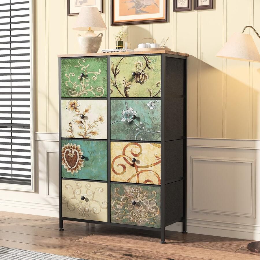 NMONET Ladekasten 8 deuren Opbergkast Metalen handgrepen Massief houten front Houtstructuur Antislipvoetjes 67x30x100 cm Grote opbergruimte Vintage stijl Multicolor
