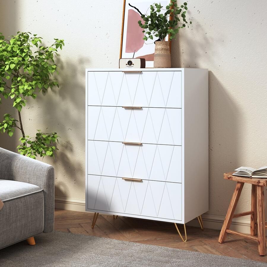 NMONET Ladekasten Opbergmeubel Geometrisch patroonontwerppaneel Gouden handgrepen Metalen steunvoeten Drie grote lades Anti-kantelbeveiliging Grote opbergruimte 60x34x90 cm Eenvoudige stijl Wit