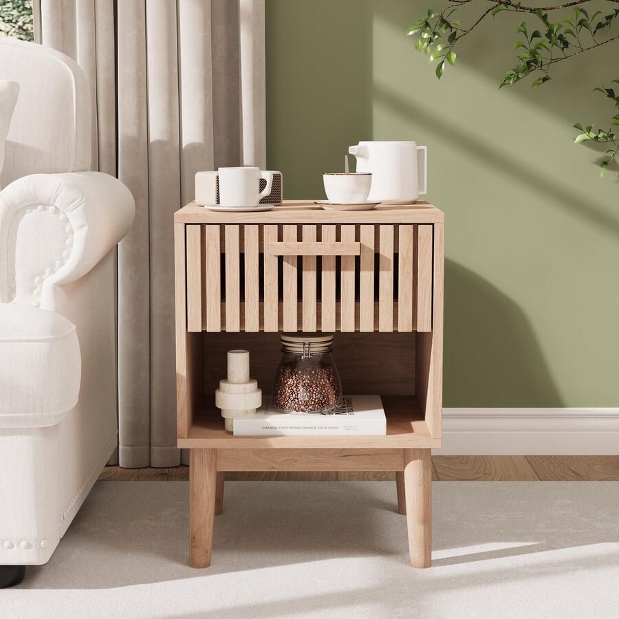 NMONET Nachtkastjes Opbergmeubel Modern nachtkastje Golvend getextureerd front Houten handgrepen Antislipvoetjes Open basis Eén lade 45x35x55 cm (LxBxH) Veel opbergruimte Hedendaagse stijl Bruin - Foto 2