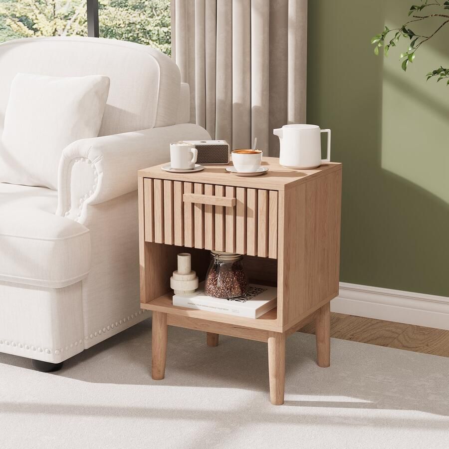 NMONET Nachtkastjes Opbergmeubel Modern nachtkastje Golvend getextureerd front Houten handgrepen Antislipvoetjes Open basis Eén lade 45x35x55 cm (LxBxH) Veel opbergruimte Hedendaagse stijl Bruin