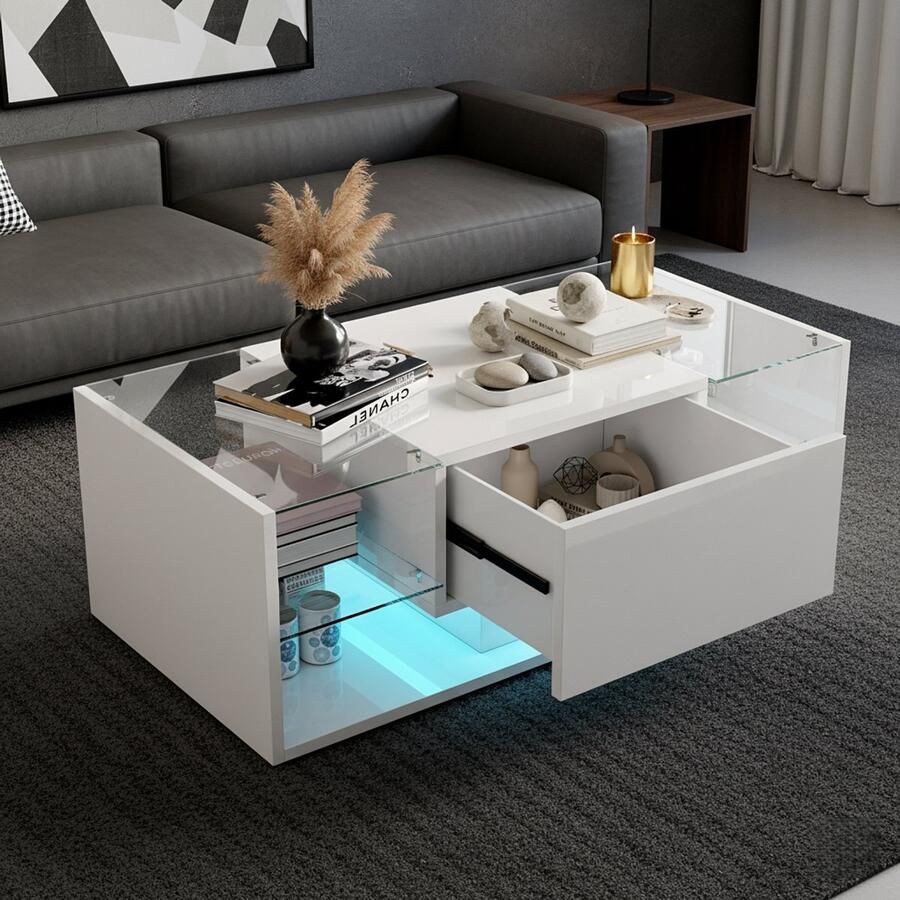 NMONET Salontafels Hoogglans Salontafel RGB-lichtstrip 1 greeploze lade glazen verdelers Open opbergplanken grote opbergcapaciteit 100x50x35 cm moderne stijl wit