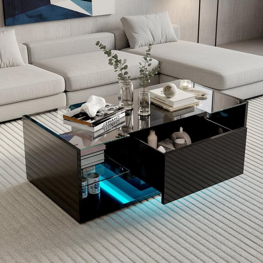 NMONET Salontafels Hoogglans Salontafel RGB-lichtstrip 1 greeploze lade glazen verdelers Open opbergplanken grote opbergcapaciteit 100x50x35 cm moderne stijl zwart